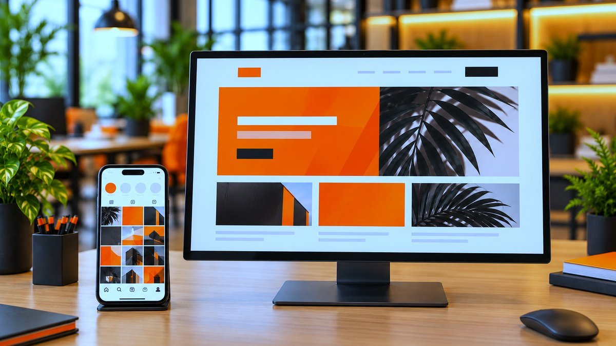 Celular com um perfil de Instagram ao lado de um monitor com um site
