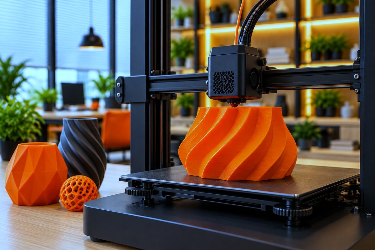 Impressora 3D da CIIS produzindo uma peca laranja