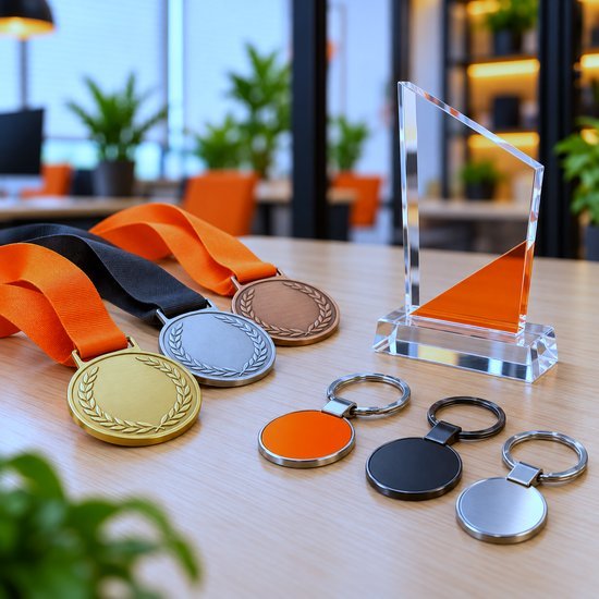 Brindes: Medalha, troféu e chaveiro com logo